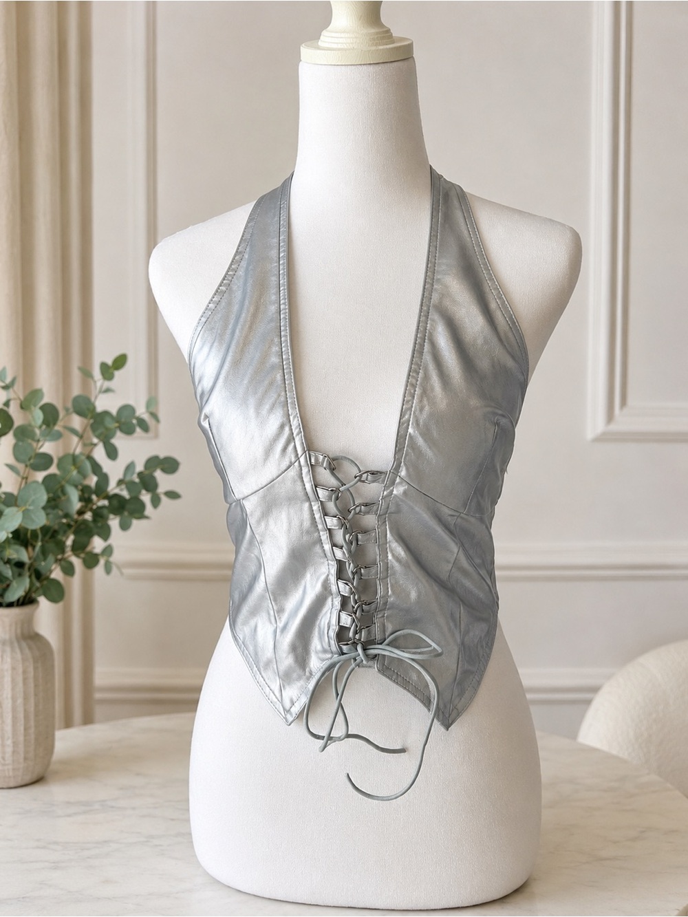 I.AM.GIA Silver Lace-Up Satin Halter Vest